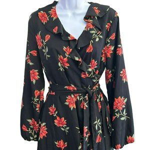 Draper James RSVP Women's Black Red Floral Midi Dress Size Medium V Neck